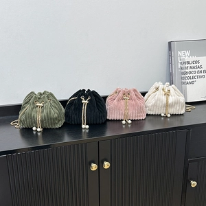 Corduroy drawstring bucket bag set with gold chain and pearl charms in four colors