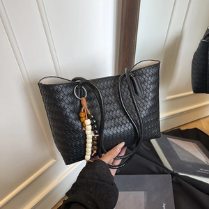 Women Woven Tote Bag PU Leather Large Capacity Shoulder Bag Elegant Vintage Weaving Design Handbag For Commuting Office Ladies