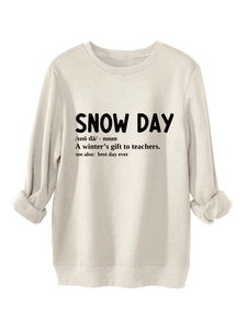 Detail of off-white crewneck sweatshirt with black SNOW DAY noun definition print