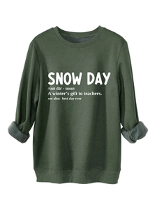 Detail of dark green sweatshirt showing thick grey fleece lining and SNOW DAY print