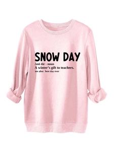 Detail view of pink fleece sweatshirt with Snow Day dictionary print and rolled cuffs