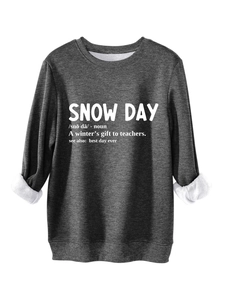 Close-up of dark grey thick fleece sweatshirt showing warm lining and snow day print