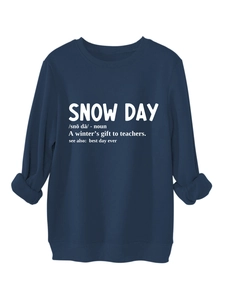 Detail of navy blue fleece sweatshirt featuring a white Snow Day dictionary print