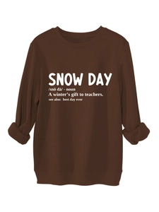 Detail view of the ribbed cuffs and white Snow Day text print on brown sweatshirt