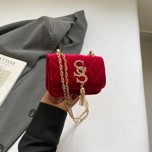 Sac Bandoulière en PU pour Femme Mode Matelassé Losange Chaîne Sac Carré Rétro Logo Gland Mini Sac à Épaule Fête