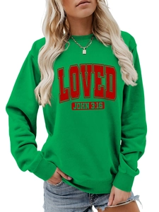 Detail of green crewneck sweatshirt with red Loved John 3:16 text and ribbed cuffs