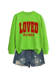 Detail of neon green sweatshirt with red LOVED JOHN print and ribbed cuffs for women
