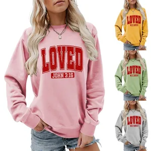 Women Casual Round Neck Sweatshirt Loved John 3-16 Letter Print Long Sleeve Loose Cotton Blend Streetwear Pullover Top