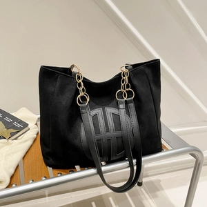 Retro large capacity black suede tote bag with circular logo and gold chain strap