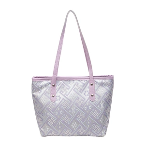 Ethnic style purple tote bag with silver silk pattern and faux leather trim handle