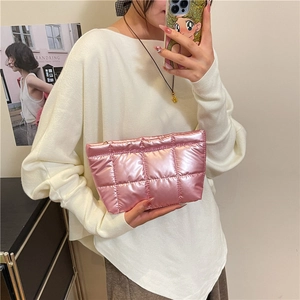 Pink metallic quilted space cotton clutch bag with a high-gloss finish and large capacity