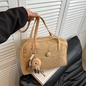 Vintage Faux Suede Shoulder Bag Large Capacity Underarm Tote With Plush Pendant Retro Bowling Bag For Women Daily Work