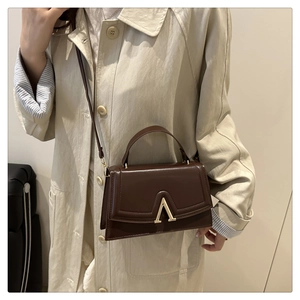 Close-up of a dark brown square crossbody bag with a gold V-shaped metal buckle detail