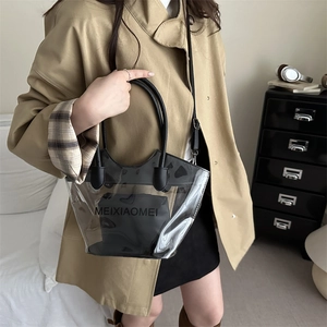 Sac cabas chic en PVC transparent avec sangles en cuir noir et pochette interne
