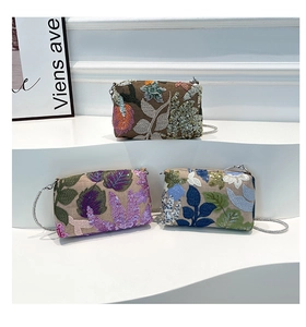 Detail of sequins and floral embroidery on premium crossbody bags with silver chains