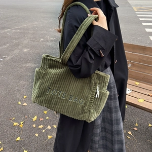 Large dark green corduroy tote bag with TOTE BAG embroidery for autumn commuting fashion