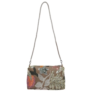 Brown floral sequin crossbody bag with embroidery and delicate metal chain strap