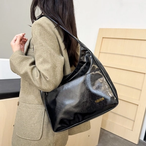 Minimalist black glossy large capacity tote bag with fashion lettering shoulder strap