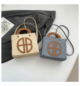 Détail des poignées en bois et du logo B sur sacs cabas beige et bleu