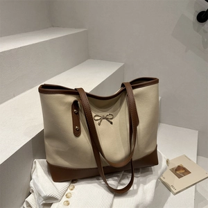 Women Large Capacity PU Leather Tote Bag With Gold Bow Metal Decor Commute Shoulder Bag Fashion Solid Color Handbag