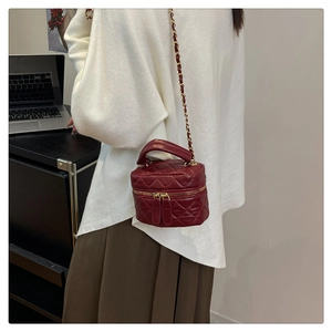 Classic quilted burgundy vanity bag with chain strap worn by a model in office setting