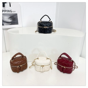 Quilted mini bags in black, brown, white, and burgundy colors with gold chain straps