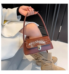 Detailed view of the brown crocodile pattern texture and metallic clasp on the shoulder bag