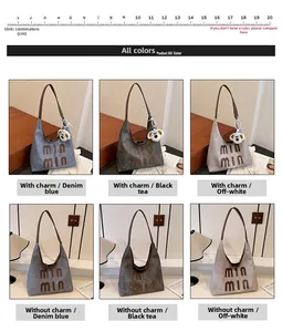 Detailed grid view showing large tote bags in blue, black, and beige with doll pendants