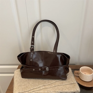 Sac Fourre-tout Vintage en Cuir PU Brillant pour Femmes Grande Capacité Sac à Épaule Avec Boucle Mode Sac à Main