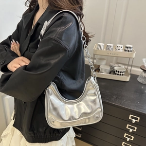 Chic silver metallic crescent hobo bag with chain strap and leather shoulder handle