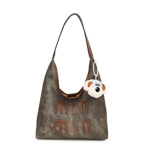 Retro large capacity tote bag in dark grey denim with brown leather strap and puppy charm