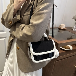 Winter lamb wool拼接 square bag with black suede and plush white trim in stylish design