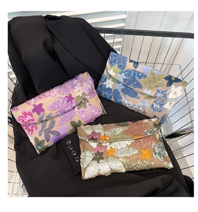 Close-up of three sequin floral clutch bags with chain straps on a black blazer
