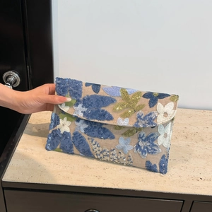 Women Vintage Handmade Sequin Embroidery Flower Clutch Bag Fabric Envelope Handbag For Wedding Banquet Evening Party Purse