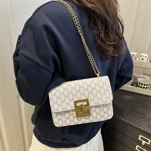 Retro monogram crossbody bag with gold chain strap and geometric buckle on a model