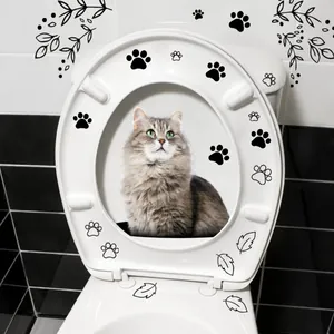 3D Grijze Kat Toiletbril Sticker Creatieve Tekst Pootafdrukken Bladeren DIY Badkamer Waterdicht Verwijderbare PVC Muur Kunst