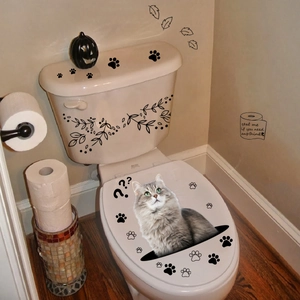 3D kat toiletbril sticker en zwarte pootafdrukken muursticker set voor badkamer decoratie
