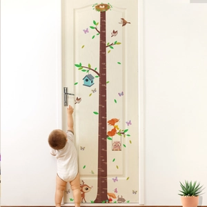 Kids height chart wall decal with forest animals and tree design showing scale to 180cm