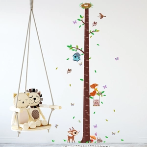 Cartoon forest animals height chart wall decal for kids nursery featuring a measurement tree