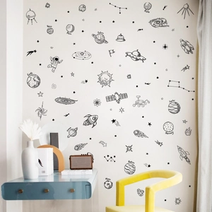 Modern astronaut space wall decals shown in a minimalist room with desk and chair décor