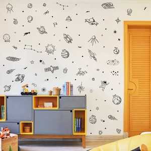 Solar system planet wall decals with astronaut and rocket in black hand-drawn style