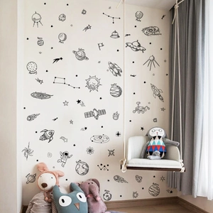 Cartoon space wall stickers featuring astronauts, rockets, and solar system planets for kids