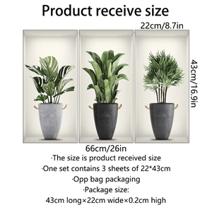 Set di 3 adesivi murali 3D con piante verdi e foglie di monstera, 22x43cm ciascuno
