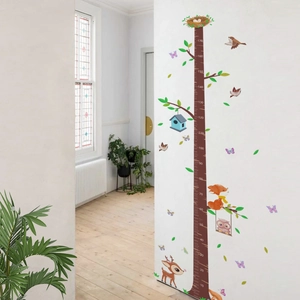 Cartoon forest animal height chart wall decal showing scale from 10cm to 180cm for kids