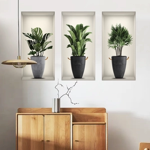 Adesivi murali 3D con piante di monstera e palma in vasi grigi per decorazione d'interni