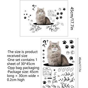 Schattige grijze kat toiletstickers met pootafdrukken en bladeren voor huisdecoratie