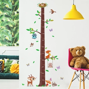 Cartoon forest animal height chart wall sticker for kids room with deer and owl motifs