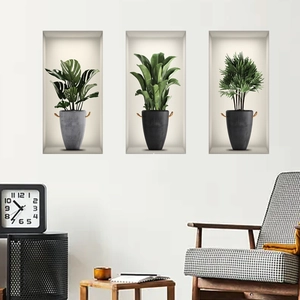 Set di 3 adesivi murali 3D piante verdi creative con design a nicchia minimalista