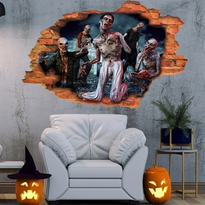 3D Halloween zombie wall sticker breaking through brick wall over white modern sofa decor