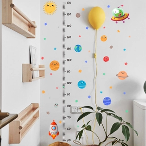 Cartoon space themed height growth chart wall sticker for kids with UFO and planets